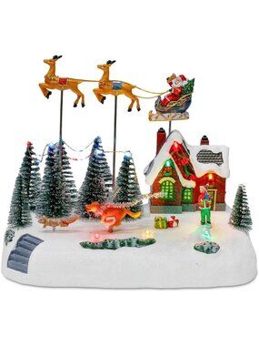 Animated Christmas Village House with Santa Sleigh & Reindeer Decor - Holiday